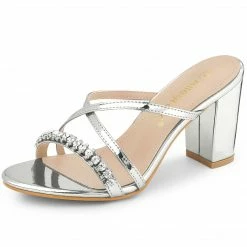 Allegra K Shoes Women's Crisscross Strap Rhinestone Block Heel Slide Sandals