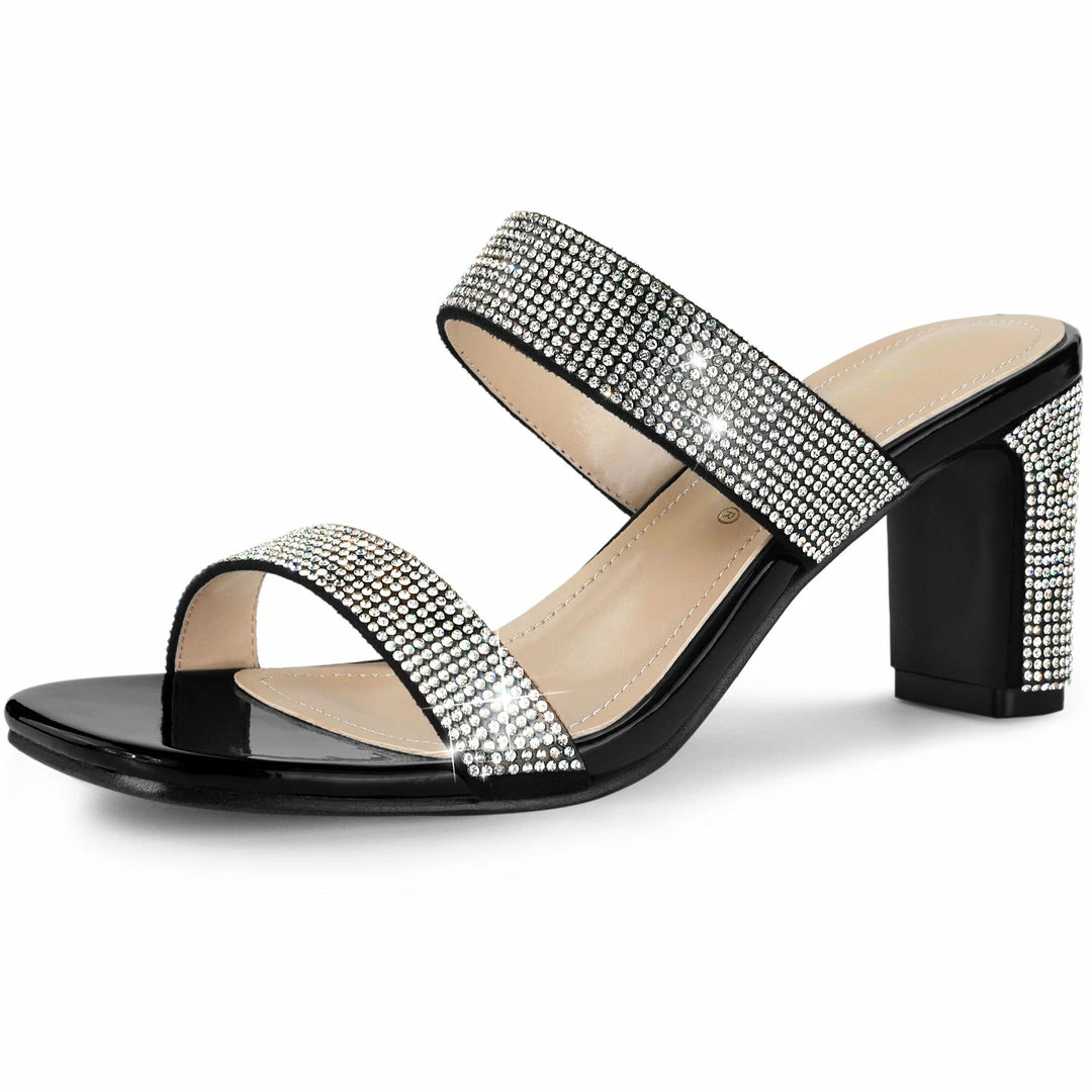 Allegra K Shoes Women's Rhinestone Square Toe Chunky Heel Slides Sandals 4 Allegra K Shoes Women's Rhinestone Square Toe Chunky Heel Slides Sandals