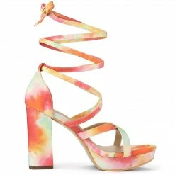 Allegra K Women's Tie Dye Platform Chunky Heel Lace Up Sandals