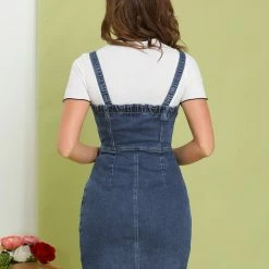 Allegra K Women's Button Front Classic Adjustable Strap Overall Denim MIni Dress