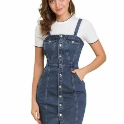 Allegra K Women's Button Front Classic Adjustable Strap Overall Denim MIni Dress
