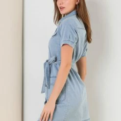 Allegra K Women's Jean Button Down Denim Belted Turndown Collar Shirtdress 36 Allegra K Women's Jean Button Down Denim Belted Turndown Collar Shirtdress