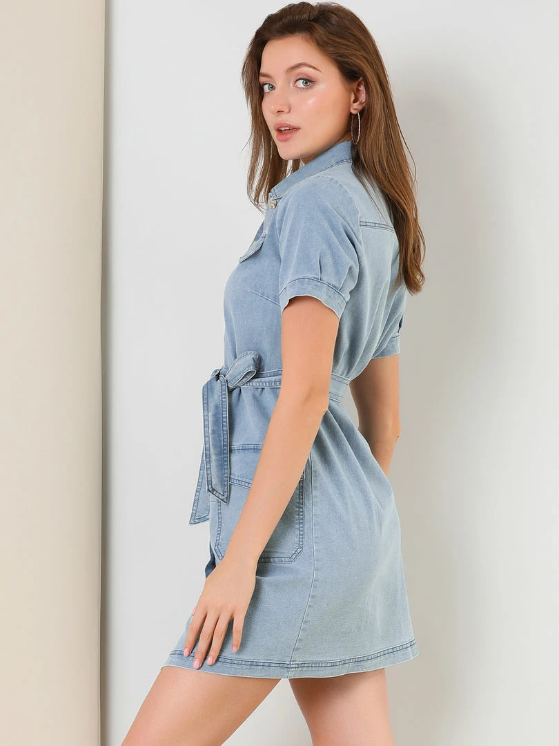 Allegra K Women's Jean Button Down Denim Belted Turndown Collar Shirtdress 12 Allegra K Women's Jean Button Down Denim Belted Turndown Collar Shirtdress