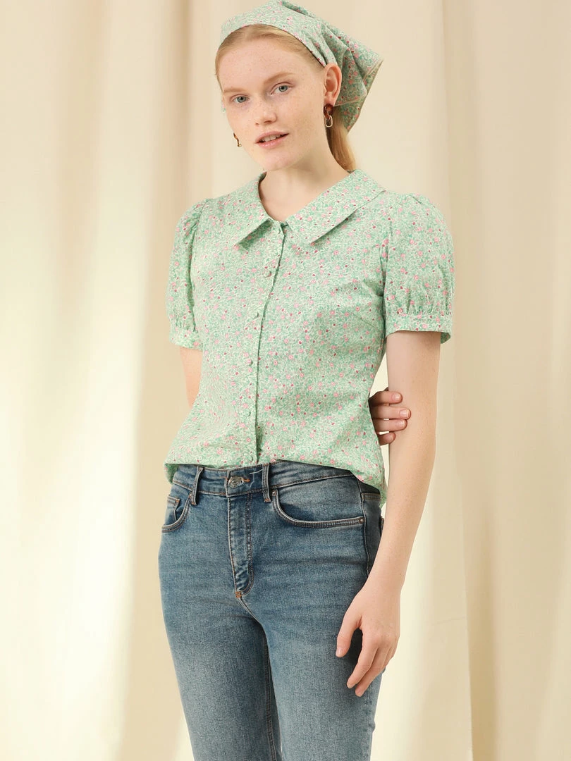 Allegra K Women's Puff Sleeves Turndown Collar Button Down Floral Blouse 6 Allegra K Women's Puff Sleeves Turndown Collar Button Down Floral Blouse