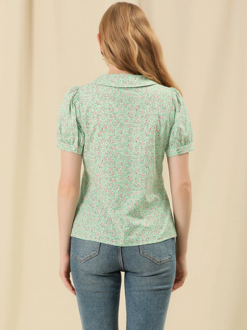 Allegra K Women's Puff Sleeves Turndown Collar Button Down Floral Blouse 8 Allegra K Women's Puff Sleeves Turndown Collar Button Down Floral Blouse