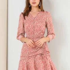 Allegra K Women's 3/4 Sleeve Ruffle Hem Buttons Decor Drawstring Ruched Chiffon Dress 21 Allegra K Women's 3/4 Sleeve Ruffle Hem Buttons Decor Drawstring Ruched Chiffon Dress