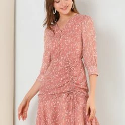 Allegra K Women's 3/4 Sleeve Ruffle Hem Buttons Decor Drawstring Ruched Chiffon Dress 22 Allegra K Women's 3/4 Sleeve Ruffle Hem Buttons Decor Drawstring Ruched Chiffon Dress