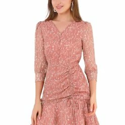 Allegra K Women's 3/4 Sleeve Ruffle Hem Buttons Decor Drawstring Ruched Chiffon Dress 20 Allegra K Women's 3/4 Sleeve Ruffle Hem Buttons Decor Drawstring Ruched Chiffon Dress