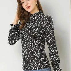 Allegra K Women's Ruffled Neck Smocked Long Sleeve Floral Printed Blouse Top