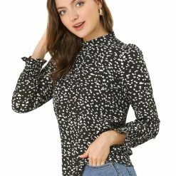 Allegra K Women's Ruffled Neck Smocked Long Sleeve Floral Printed Blouse Top