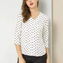 Allegra K Women's Polka Dots 3/4 Sleeve Casual Button Front Blouse Top 53 Allegra K Women's Polka Dots 3/4 Sleeve Casual Button Front Blouse Top