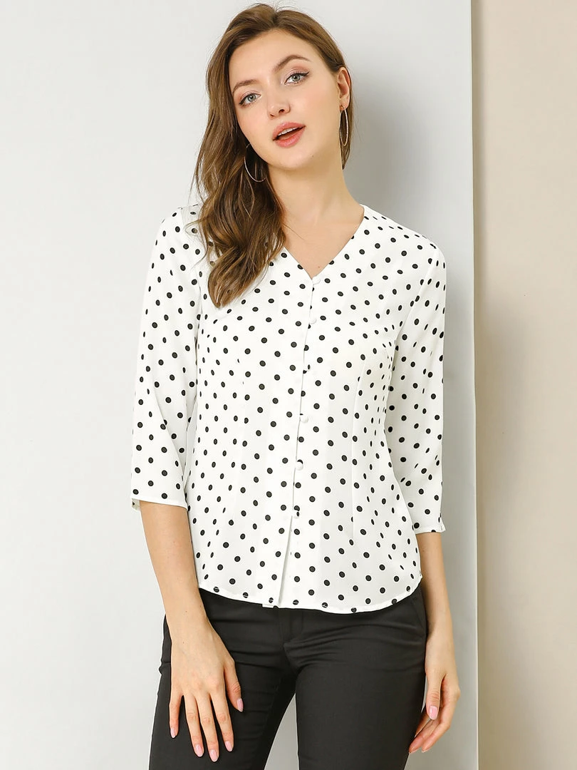 Allegra K Women's Polka Dots 3/4 Sleeve Casual Button Front Blouse Top 23 Allegra K Women's Polka Dots 3/4 Sleeve Casual Button Front Blouse Top
