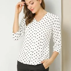 Allegra K Women's Polka Dots 3/4 Sleeve Casual Button Front Blouse Top 54 Allegra K Women's Polka Dots 3/4 Sleeve Casual Button Front Blouse Top