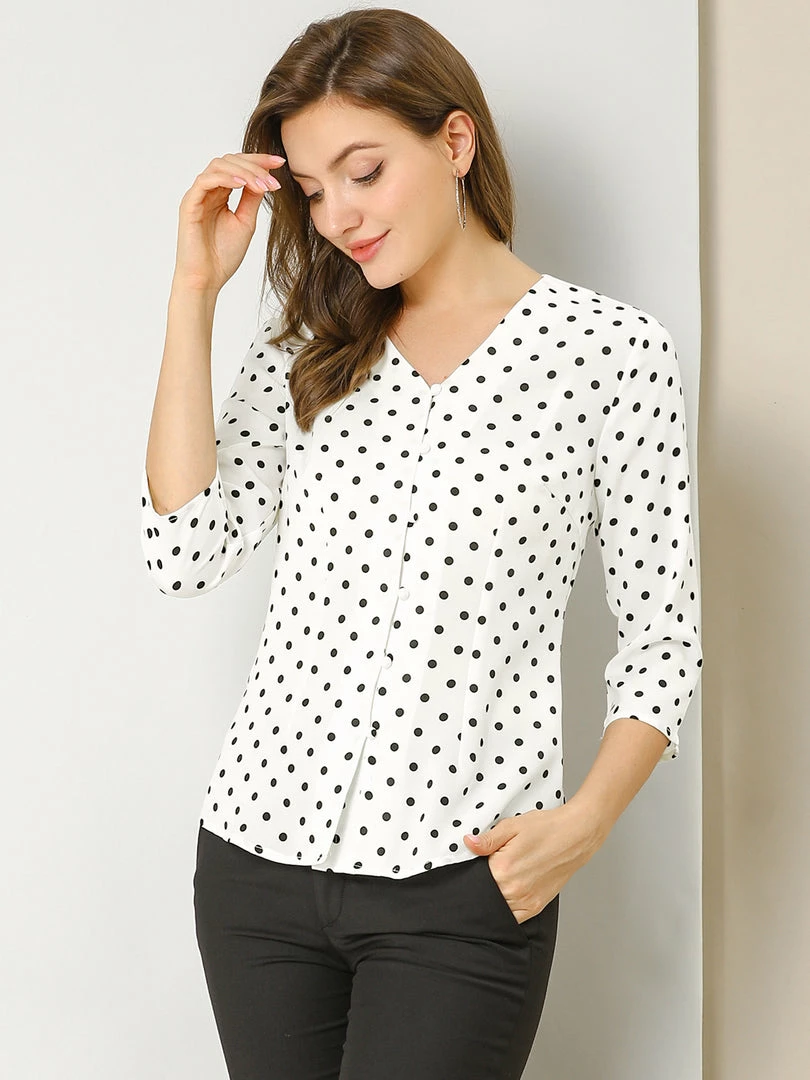 Allegra K Women's Polka Dots 3/4 Sleeve Casual Button Front Blouse Top 24 Allegra K Women's Polka Dots 3/4 Sleeve Casual Button Front Blouse Top