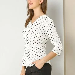 Allegra K Women's Polka Dots 3/4 Sleeve Casual Button Front Blouse Top 55 Allegra K Women's Polka Dots 3/4 Sleeve Casual Button Front Blouse Top