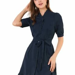 Allegra K Women's Ruffle Neck Button Down Tie Waist Shirt Dress 44 Allegra K Women's Ruffle Neck Button Down Tie Waist Shirt Dress