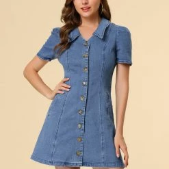 Allegra K Womens Turndown Collar Vertical Pocket Demin Dress 12 Allegra K Womens Turndown Collar Vertical Pocket Demin Dress
