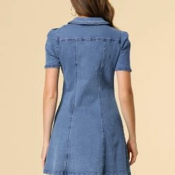 Allegra K Womens Turndown Collar Vertical Pocket Demin Dress 14 Allegra K Womens Turndown Collar Vertical Pocket Demin Dress