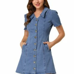 Allegra K Womens Turndown Collar Vertical Pocket Demin Dress