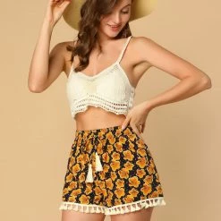 Allegra K Women's Tassel Tie Elastic Waist Side Pockets Floral Mini Shorts