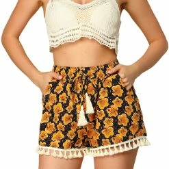 Allegra K Women's Tassel Tie Elastic Waist Side Pockets Floral Mini Shorts
