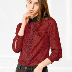Allegra K Women's Work Office Tops Blouses Long Sleeve Pintuck Dots Button Up Shirts