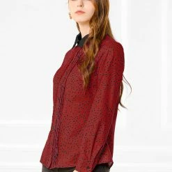 Allegra K Women's Work Office Tops Blouses Long Sleeve Pintuck Dots Button Up Shirts