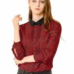 Allegra K Women's Work Office Tops Blouses Long Sleeve Pintuck Dots Button Up Shirts