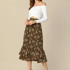 Allegra K Women's Printed Elastic Waist Tiered Ruffle Hem Flowy Midi Skirt