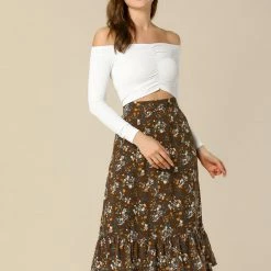 Allegra K Women's Printed Elastic Waist Tiered Ruffle Hem Flowy Midi Skirt