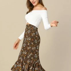 Allegra K Women's Printed Elastic Waist Tiered Ruffle Hem Flowy Midi Skirt