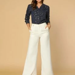 Allegra K Women's Stand Collar Long Sleeve Metallic Dots Stars Blouse Top