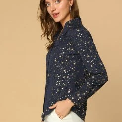 Allegra K Women's Stand Collar Long Sleeve Metallic Dots Stars Blouse Top