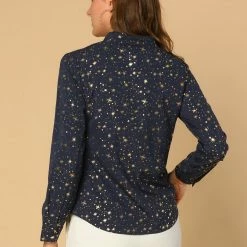 Allegra K Women's Stand Collar Long Sleeve Metallic Dots Stars Blouse Top