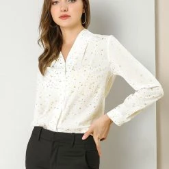 Allegra K Women's Stand Collar Long Sleeve Metallic Dots Stars Blouse Top