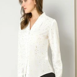Allegra K Women's Stand Collar Long Sleeve Metallic Dots Stars Blouse Top