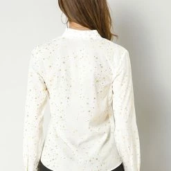 Allegra K Women's Stand Collar Long Sleeve Metallic Dots Stars Blouse Top