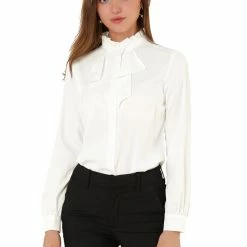 Allegra K Women's Work Office Top Blouse Ruffle Neck Long Sleeve Ribbon Button Down Shirt 11 Allegra K Women's Work Office Top Blouse Ruffle Neck Long Sleeve Ribbon Button Down Shirt