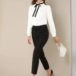 Allegra K Women's Work Office Top Blouse Ruffle Neck Long Sleeve Ribbon Button Down Shirt 12 Allegra K Women's Work Office Top Blouse Ruffle Neck Long Sleeve Ribbon Button Down Shirt