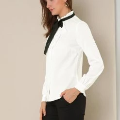 Allegra K Women's Work Office Top Blouse Ruffle Neck Long Sleeve Ribbon Button Down Shirt 13 Allegra K Women's Work Office Top Blouse Ruffle Neck Long Sleeve Ribbon Button Down Shirt