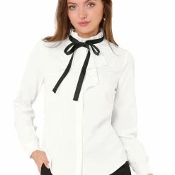 Allegra K Women's Work Office Top Blouse Ruffle Neck Long Sleeve Ribbon Button Down Shirt