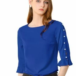 Allegra K Women's Ruffle Sleeve Cuff Split Trim Keyhole Back Button Solid Color Blouse Top
