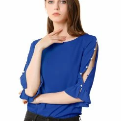 Allegra K Women's Ruffle Sleeve Cuff Split Trim Keyhole Back Button Solid Color Blouse Top