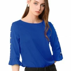 Allegra K Women's Ruffle Sleeve Cuff Split Trim Keyhole Back Button Solid Color Blouse Top