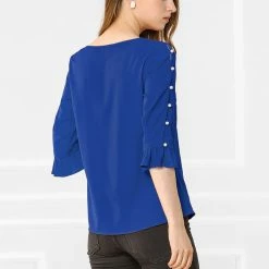 Allegra K Women's Ruffle Sleeve Cuff Split Trim Keyhole Back Button Solid Color Blouse Top