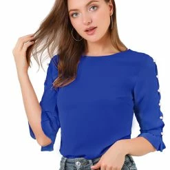 Allegra K Women's Ruffle Sleeve Cuff Split Trim Keyhole Back Button Solid Color Blouse Top
