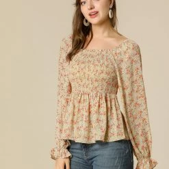 Women Allegra K Square Neck Long Bell Sleeve Floral Print Smocked Blouse