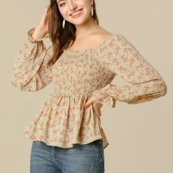 Women Allegra K Square Neck Long Bell Sleeve Floral Print Smocked Blouse
