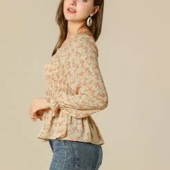 Women Allegra K Square Neck Long Bell Sleeve Floral Print Smocked Blouse