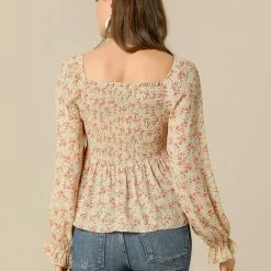 Women Allegra K Square Neck Long Bell Sleeve Floral Print Smocked Blouse